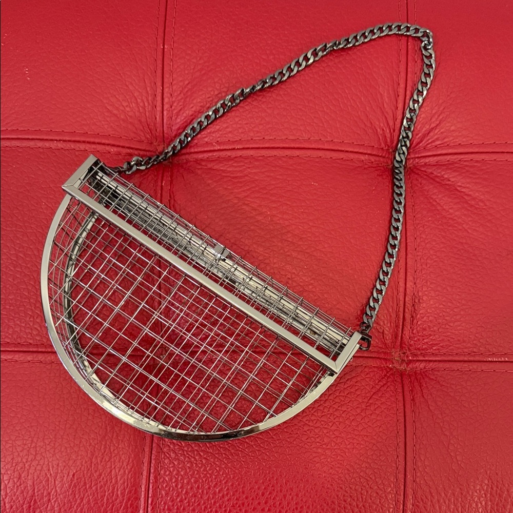 Silver-Tone Half-Moon Cage Chain Shoulder Bag